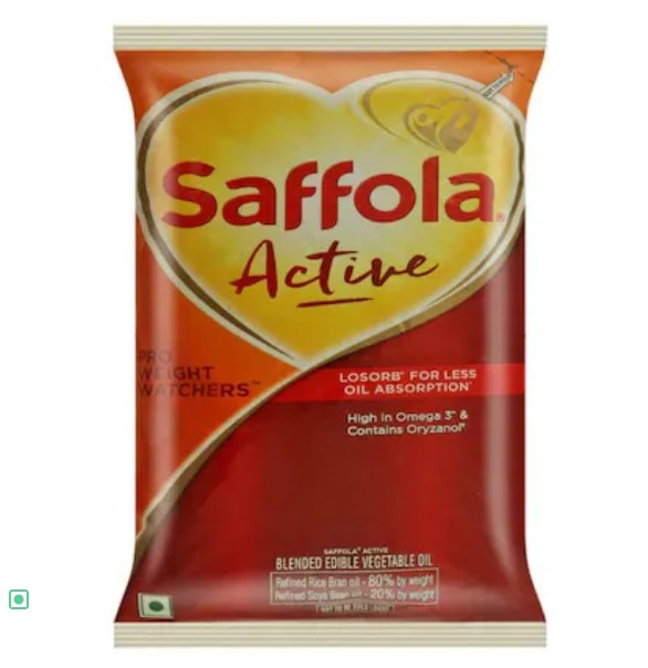 Saffola Active Refined Oil|Blend of Rice Bran Oil & Soyabean Oil|Cooking Oil  Edible Oil 1 Litre Pouch