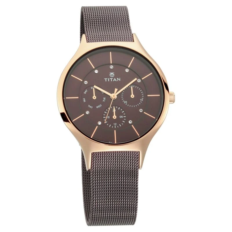 Titan Workwear Brown Dial Quartz Multifunction Metal Strap watch for Women