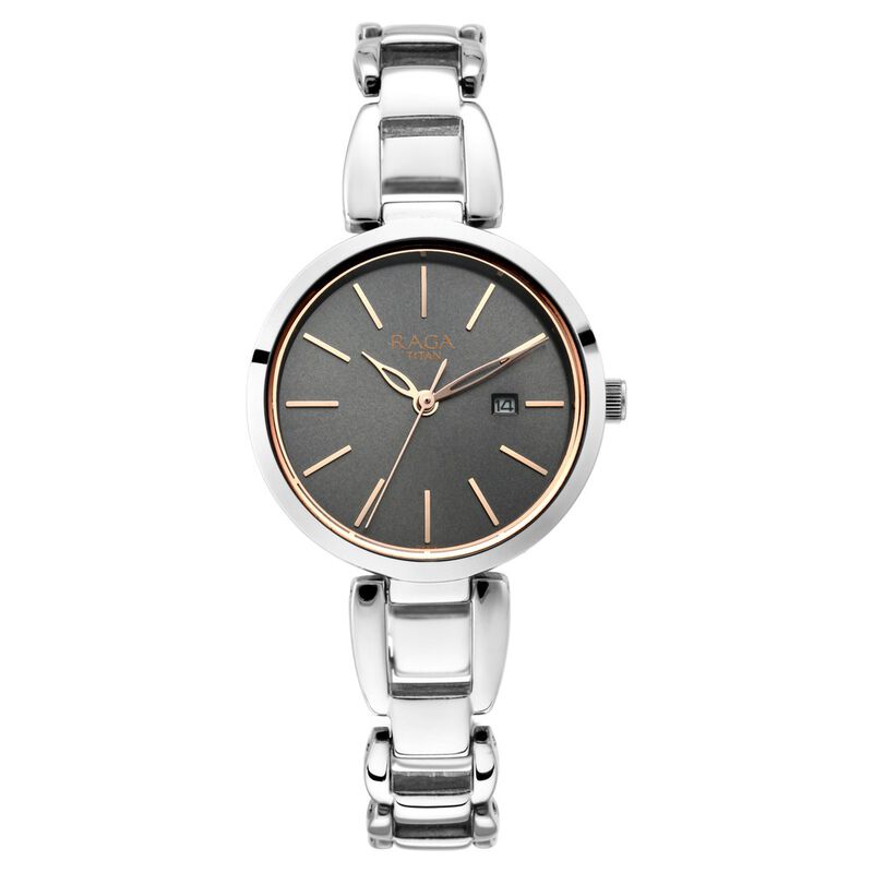 Titan Raga Viva Grey Dial Analog with Date Silver Metal Strap Watch for Women