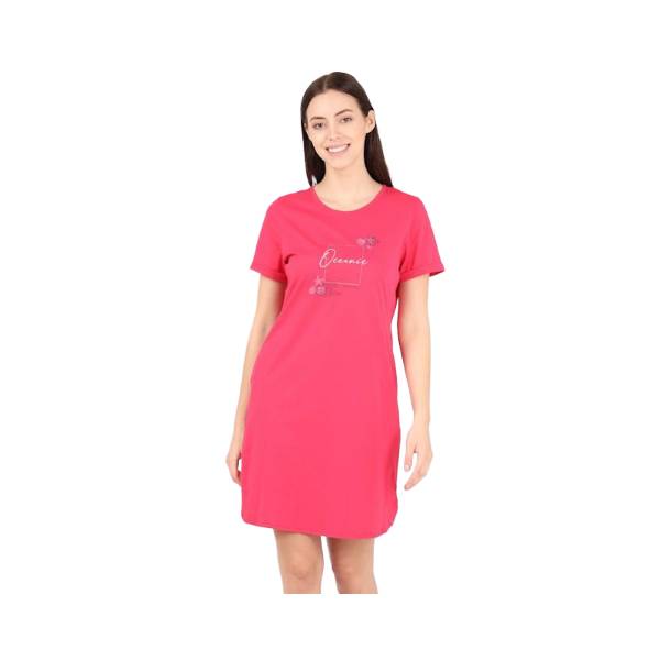 Women's Super Combed Cotton Curved Hem Styled Half Sleeve Printed Sleep Dress with Side Pockets - Ruby