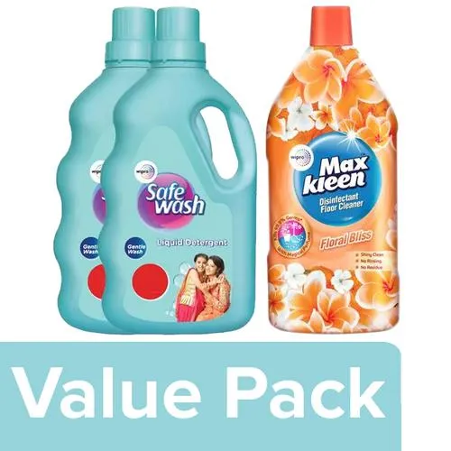 Safewash Liquid Detergent, 1kg (Buy 1 Get 1 Free) + Maxkleen Floor Cleaner 975ml, Combo 2 Items