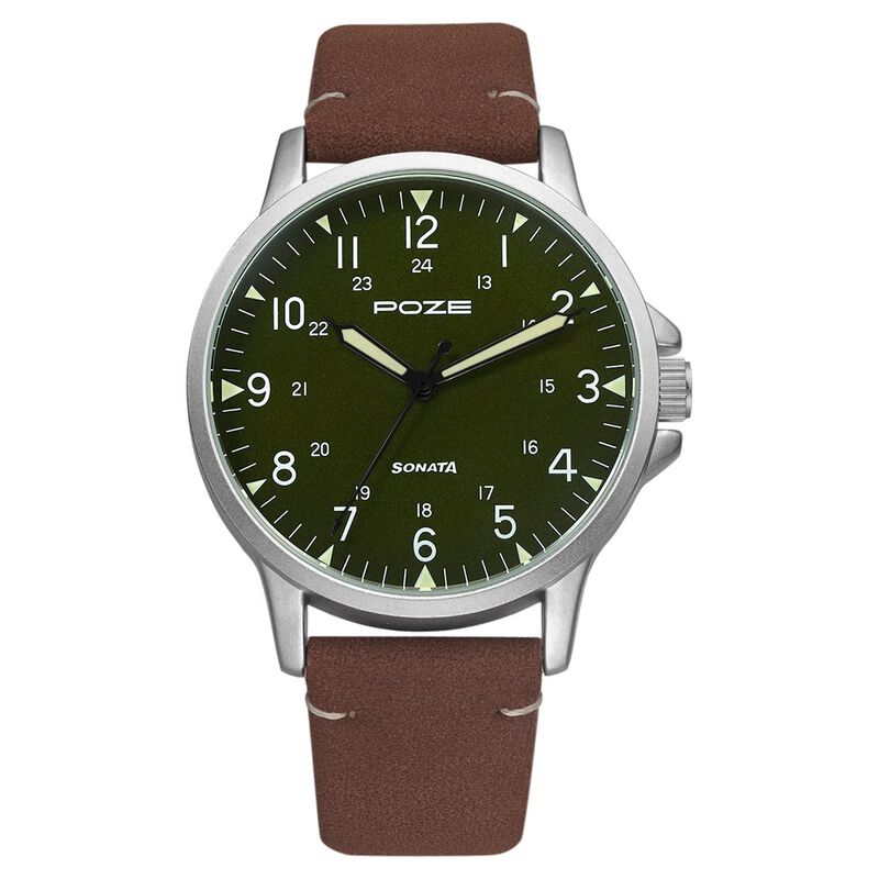 Poze by Sonata Quartz Analog Green Dial PU Leather Strap Watch for Men  SP70011SL02W