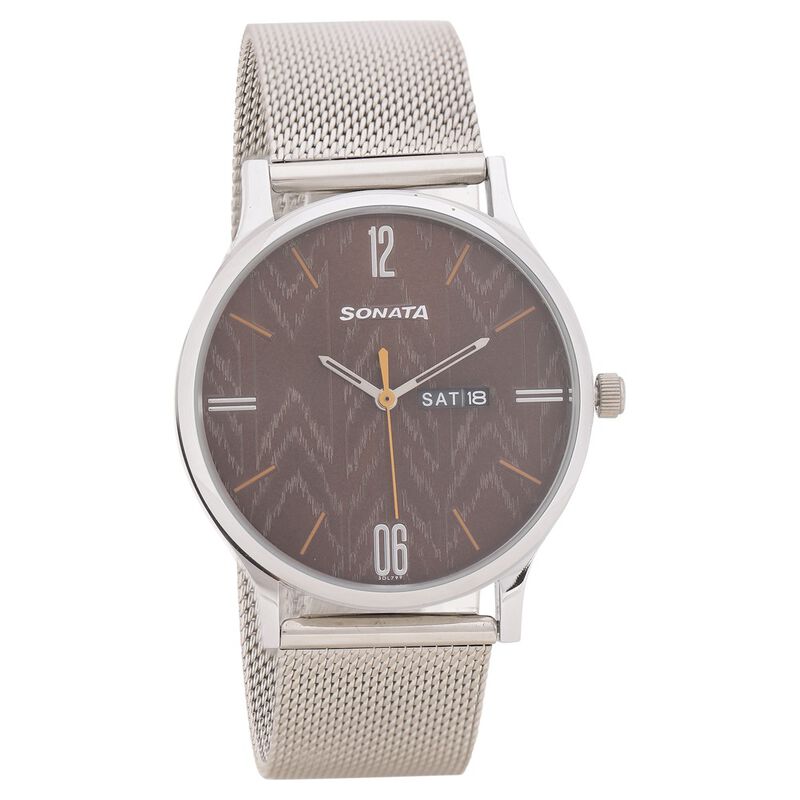 Sonata Knot Brown Dial Stainless Steel Strap Watch for Men NR77105SM05
