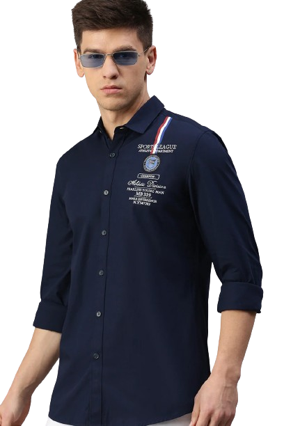 CP BRO Men's Cotton Full Sleeve Solid Slim Fit Polo Neck Navy Color Woven Shirt | Sbo1-58 B