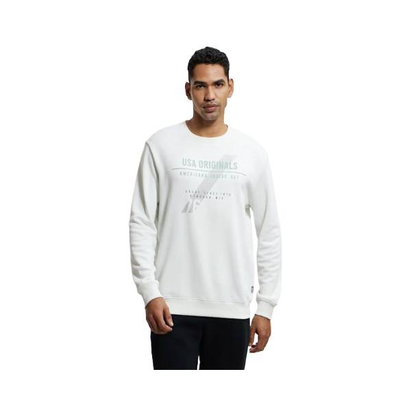 Men's Super Combed Cotton Rich French Terry Printed Sweatshirt with Ribbed Cuffs - Blanc de Blanc