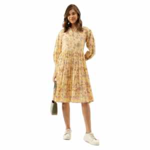 Divena Yellow Floral Printed Cotton Dress for Women