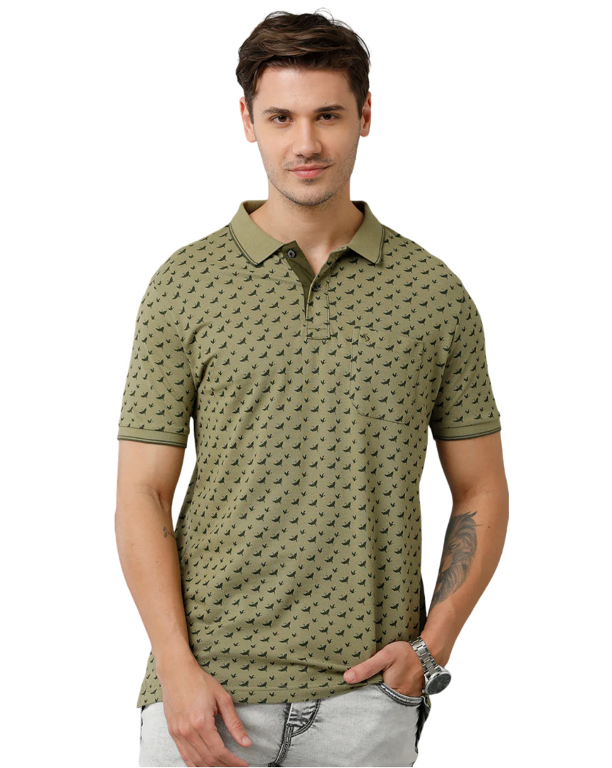 T-shirt Classic Polo Men's Cotton Half Sleeve Printed Slim Fit Polo Neck Olive Color T-Shirt | Beau - 200 B