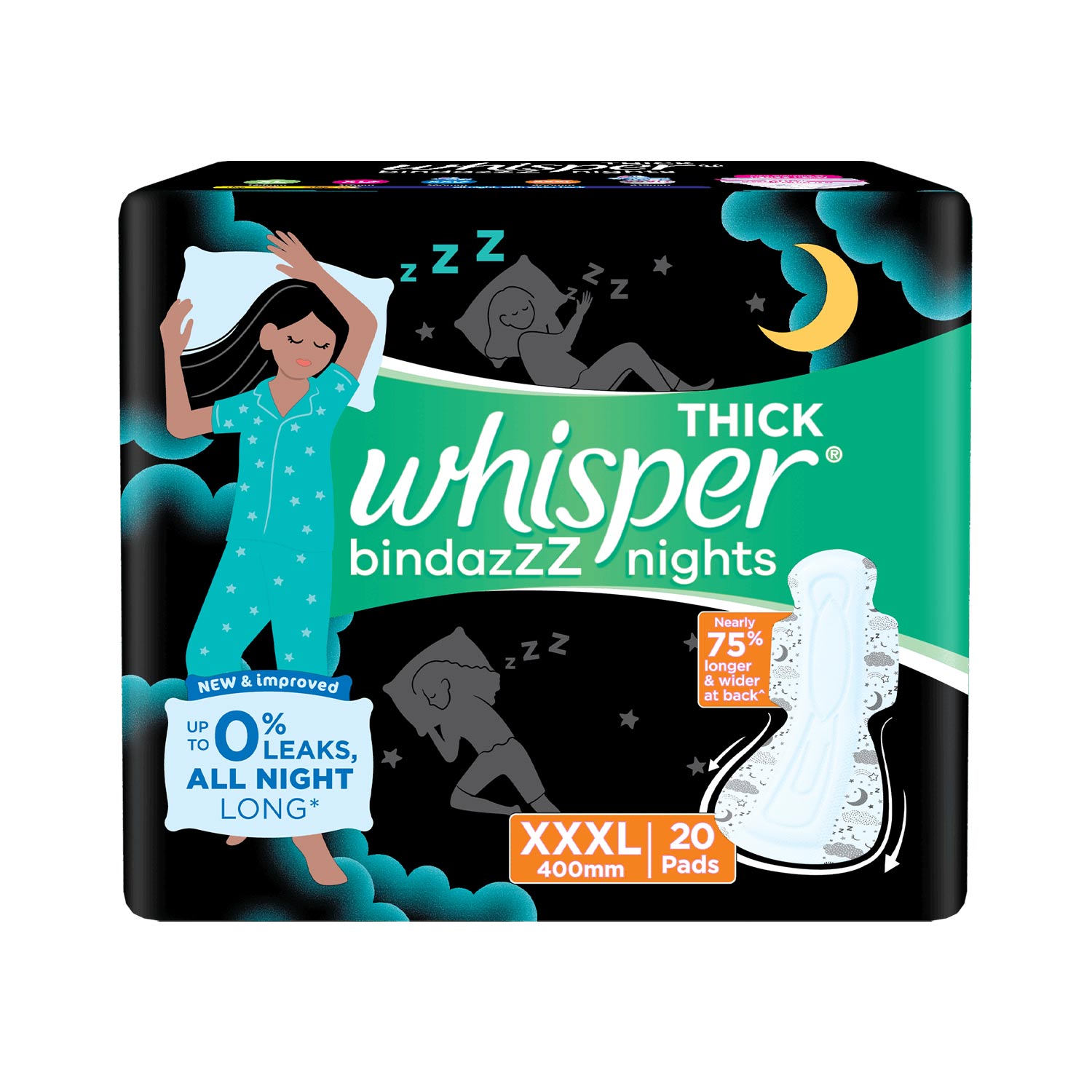 Whisper Bindazzz Night Sanitary Pads|20 Thick Pads|XXXL|upto 0% Leaks|Suitable for Heavy Flow|75% Longer & Wider back|Comfortable Cushiony soft wings|40 cm Long|With disposable wrap