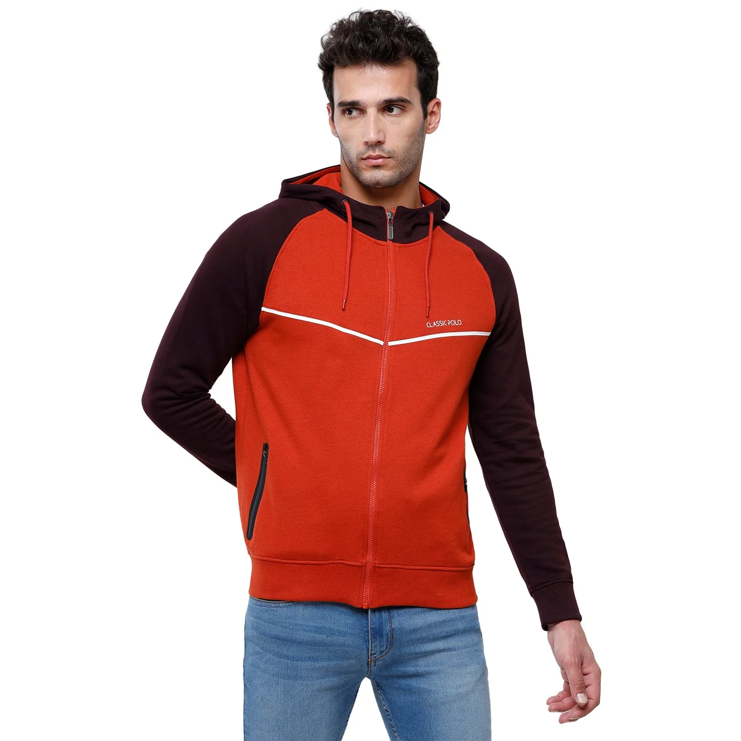 Classic Polo Men's Color Block Full Sleeve Red & Black Hooded Sweat Shirt - CPSS-331B