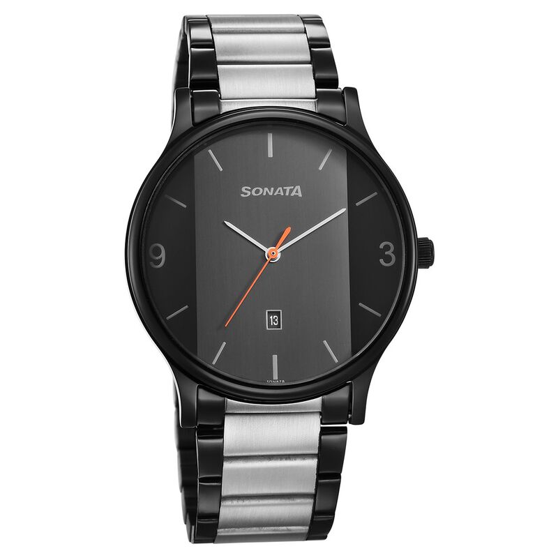 77105KM01 Sonata Quartz Analog Black Dial Watch for Men
