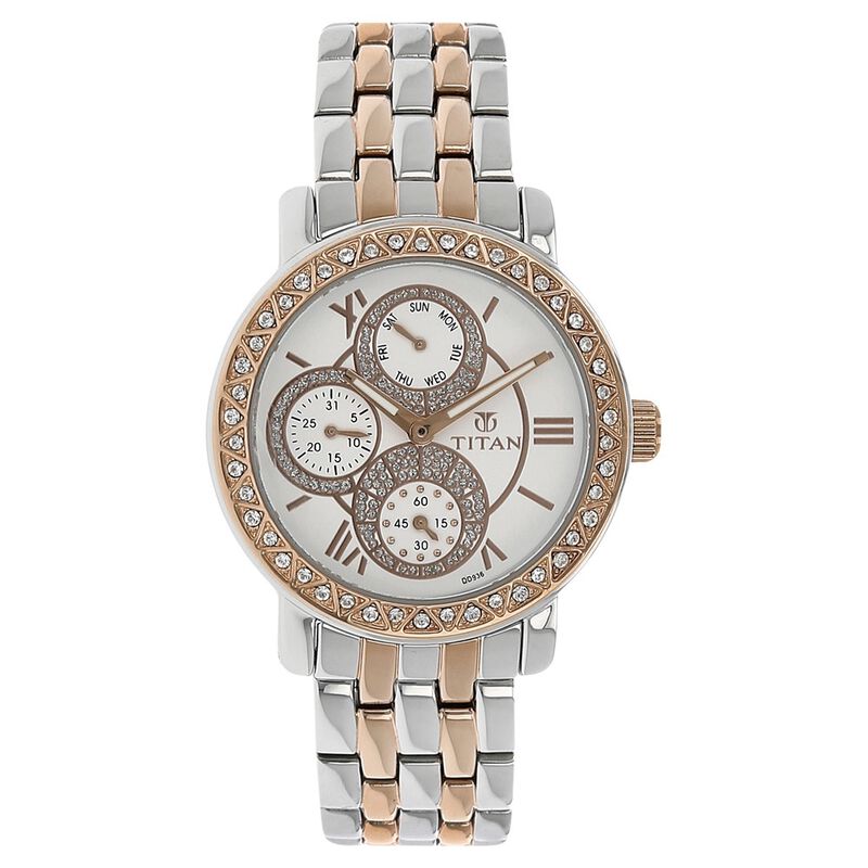 Titan Quartz Analog with Day and Date Silver Dial Metal Strap Watch for Women