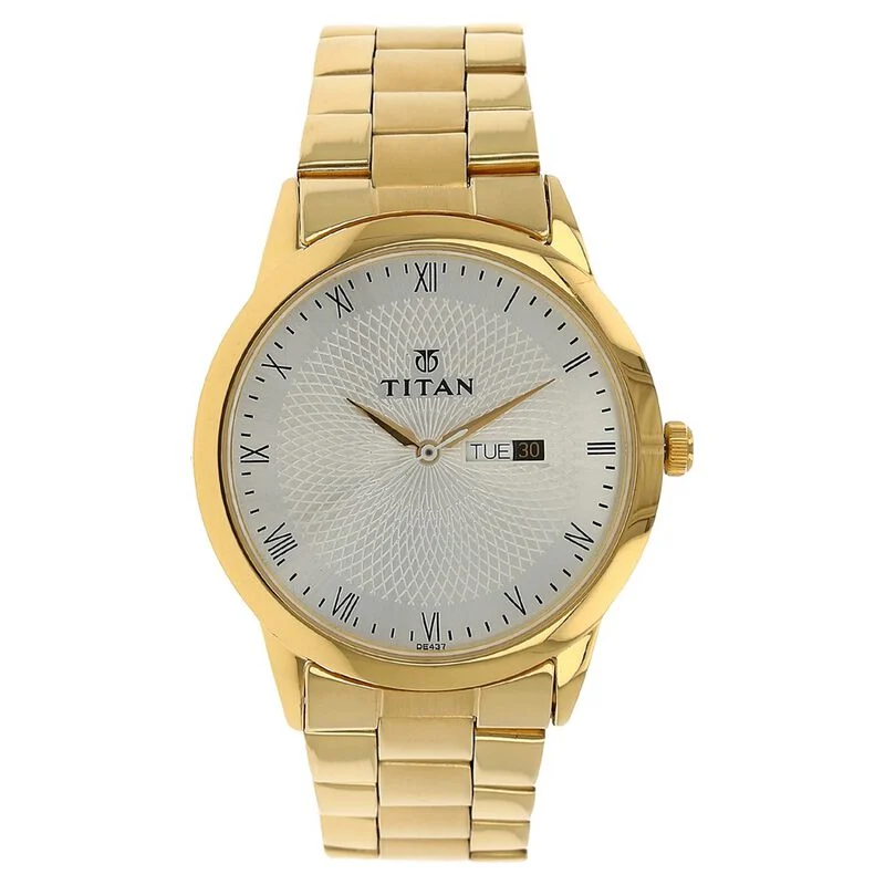 Titan Quartz Analog with Day and Date Silver Dial Stainless Steel Strap Watch for Men