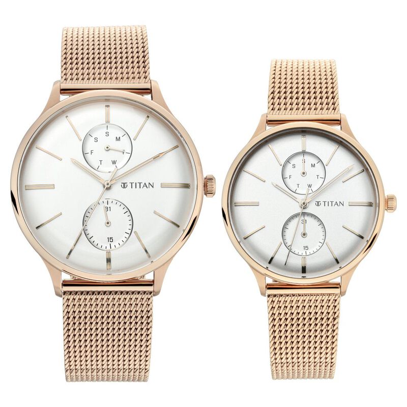 Titan Quartz Multifunction White Dial Stainless Steel Strap Watch for Couple