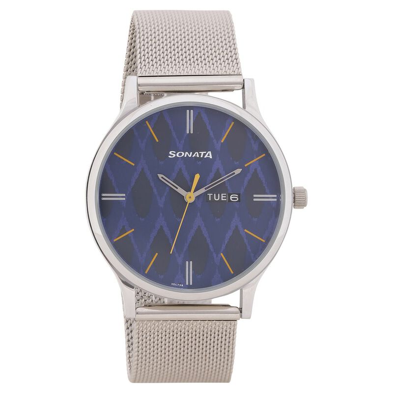Sonata Knot Blue Dial Stainless Steel Strap Watch for Men NR77105SM04