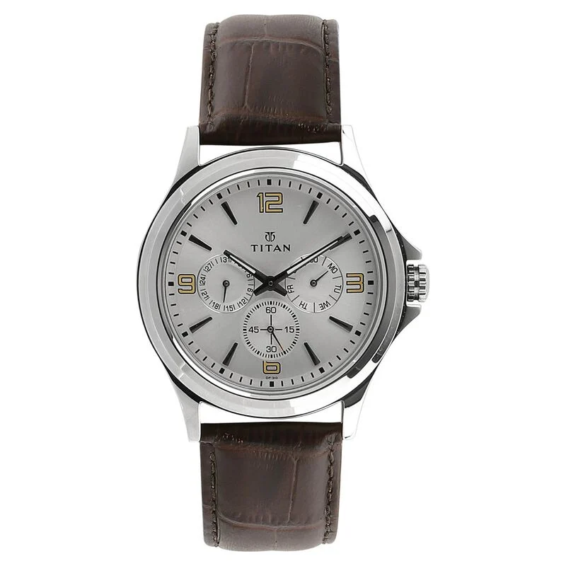 Titan Quartz Multifunction Silver Dial Leather Strap Watch for Men