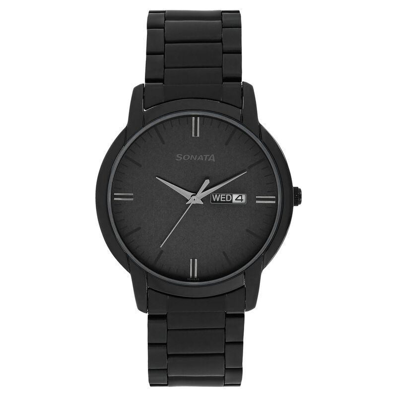 NR77031NM03 Sonata Quartz Analog with Day and Date Black Dial Stainless Steel Strap Watch for Men