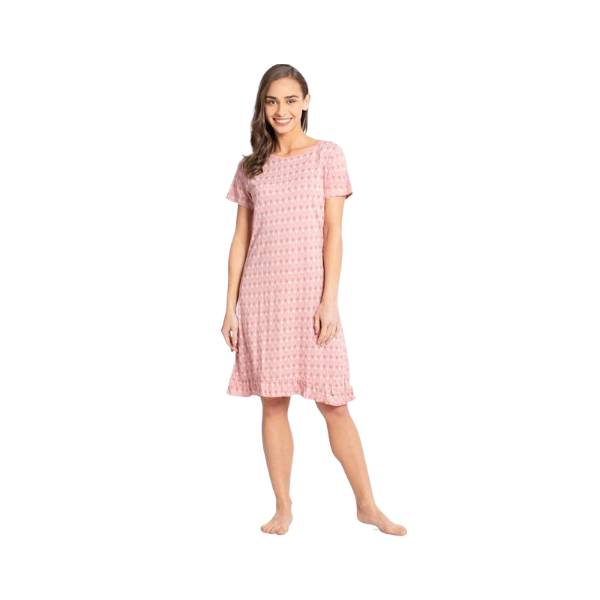Women's Micro Modal Cotton Ruffled Hem Styled Half Sleeve Printed Sleep Dress - Blush Assorted Prints