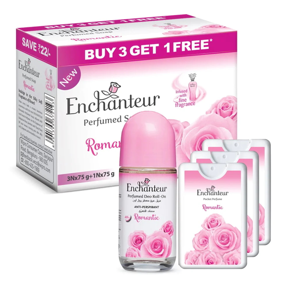 Enchanteur Perfumed Romantic Bathing Bar 75gms Pack of 3+1 & Romantic Roll-On Deodorant 50ml & Romantic Pocket Perfume, 18ml (Pack of 3)