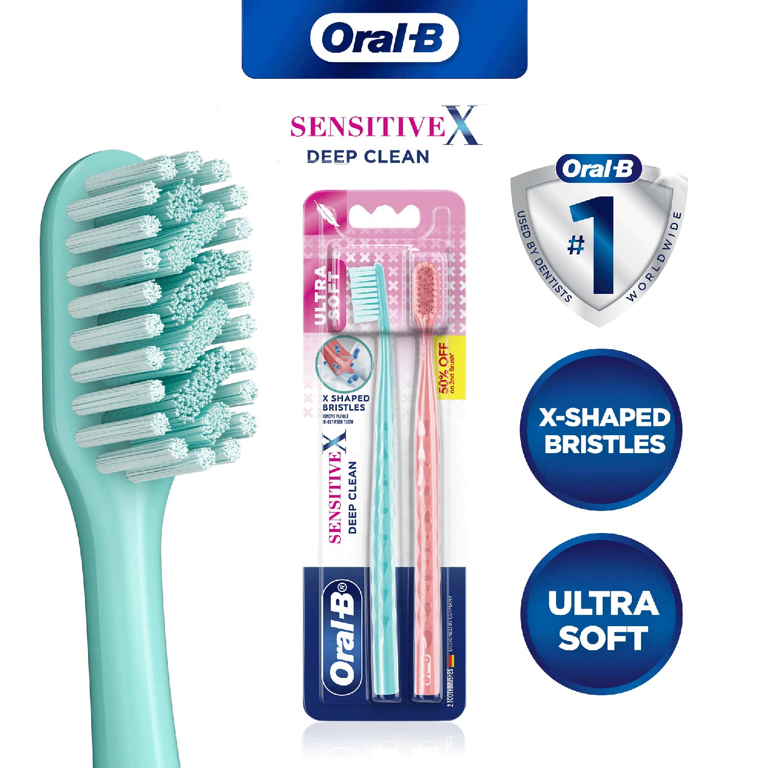 Oral-B Sensitive X Deep Clean– Ultra Soft Bristles & X-Filament technology for Gentle yet Superior Clean, Manual Toothbrush Pack of 2 Pcs (Buy 1 Get 1 Free)