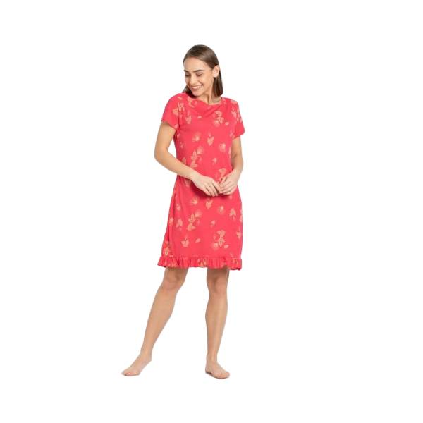 Women's Micro Modal Cotton Ruffled Hem Styled Half Sleeve Printed Sleep Dress - Ruby
