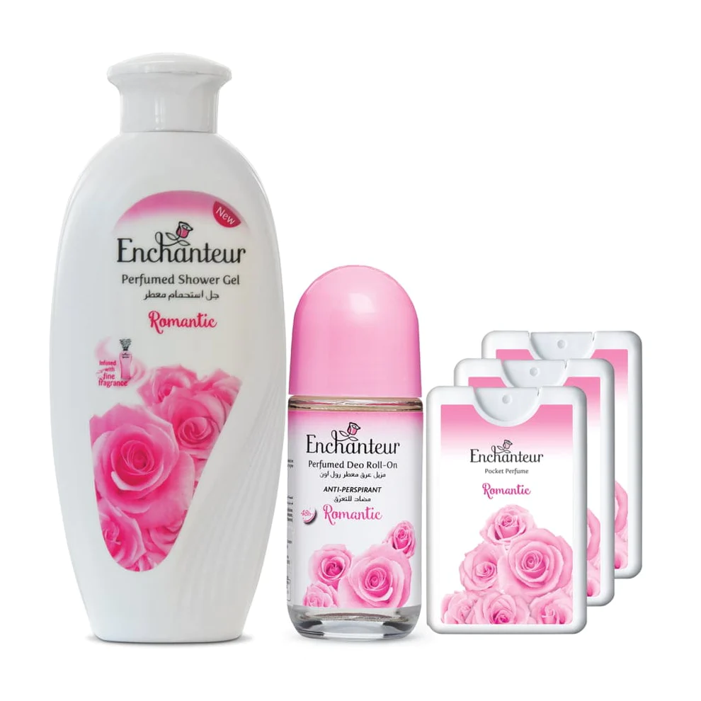 Enchanteur Romantic Shower gel 250gms & Romantic Roll-On Deodorant 50ml & Romantic Pocket Perfume, 18ml (Pack of 3)