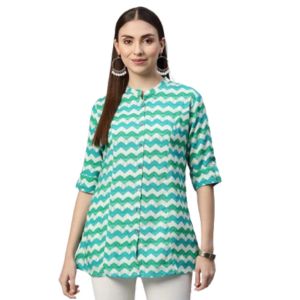 Divena Teal Blue Geomatric Rayon A-line Shirts Style Top