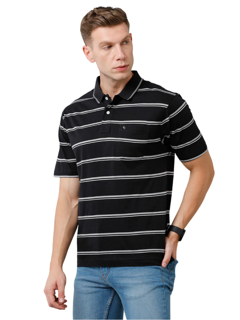 T-shirt Classic Polo Men's Cotton Half Sleeve Striped Authentic Fit Polo Neck Black Color T-Shirt | Ap - 89 B