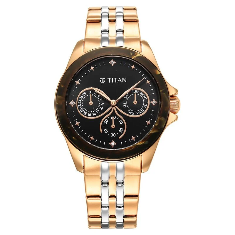 Titan Acetate Black Dial Analog with Day and Date Stainless Steel Strap Watch for Women