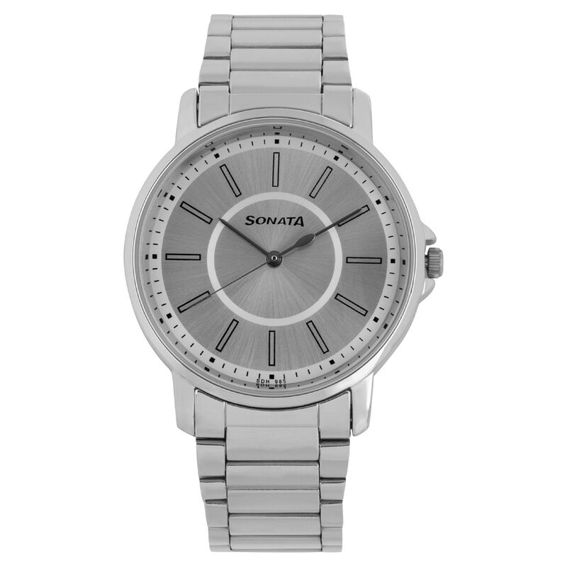 Sonata Quartz Analog Silver Dial Stainless Steel Strap Watch for Men NR77083SM03