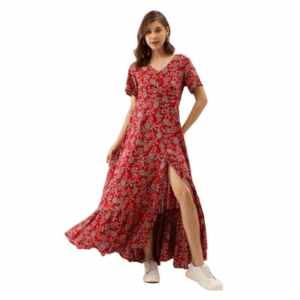 Divena Maroon Floral Printed Rayon Ethnic Dress for Women