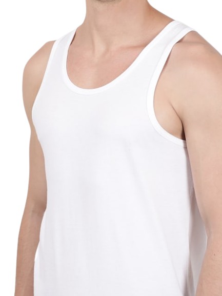 Men's Super Combed Cotton Round Neck Sleeveless Vest with Extended Length for Easy Tuck - White