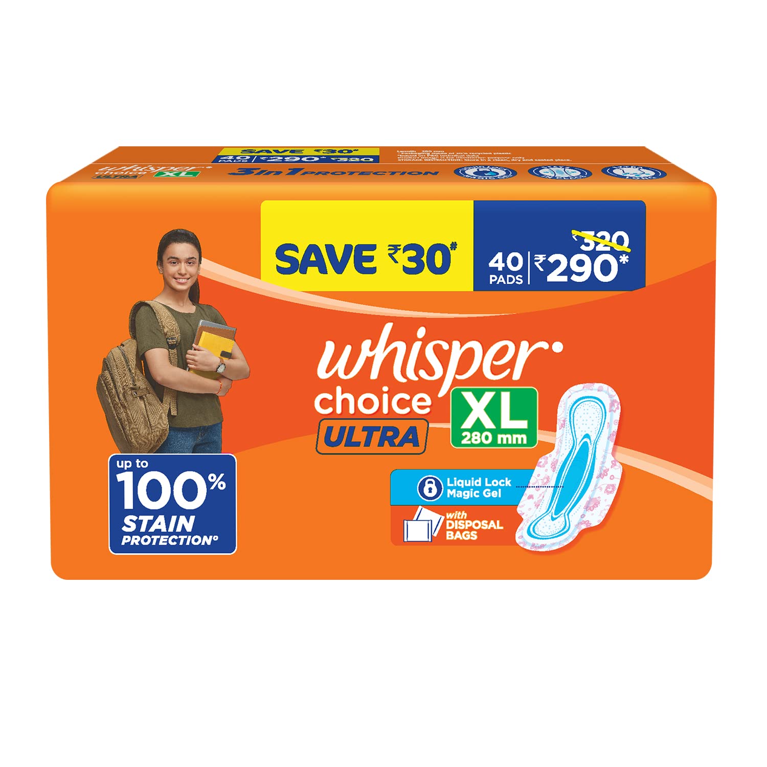 Whisper Choice Sanitary Pads with Wings for Women, XL, 40s Napkins