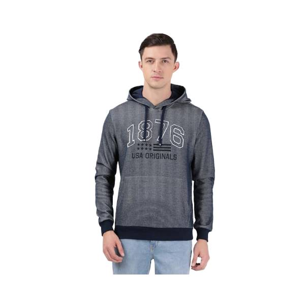 Men's Super Combed Cotton Rich Printed Hoodie Sweatshirt with Ribbed Cuffs and Side Pockets - Navy