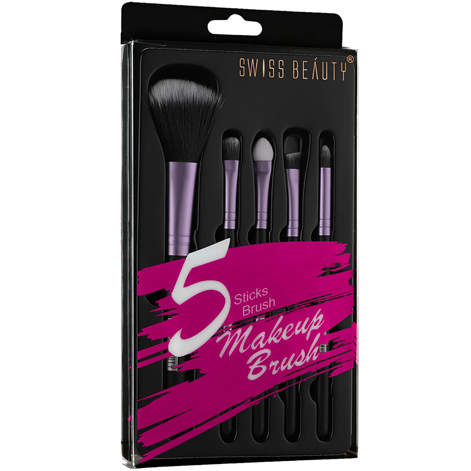 Swiss Beauty MAKE-UP BRUSHES Swiss Beauty's 5 in 1 makeup brush set for a perfect smooth applicaton of makeup available in 3 shades- Purple, Gold and Pink