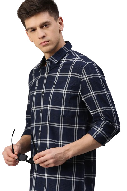 Classic Polo Men's Cotton Full Sleeve Checked Slim Fit Polo Neck Navy Color Woven Shirt | So1-117 A