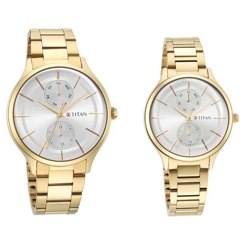 Titan Bandhan Silver Dial Quartz Multifunction Stainless Steel Strap watch for Couple