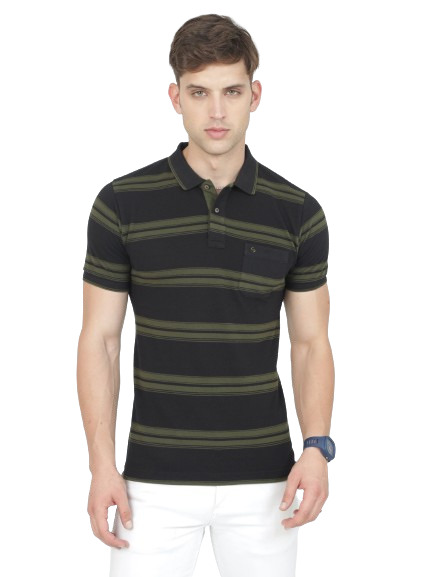 Classic Polo Mens Casual Black/Olive Striped Cotton T-Shirt