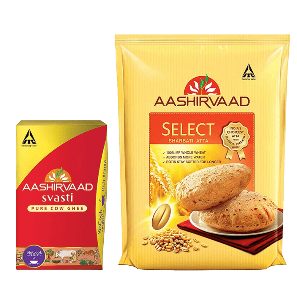 Aashirvaad Combo Pack - Svasti Pure Cow Ghee 1L (CEKA) and Select Sharbatti Atta, 5kg