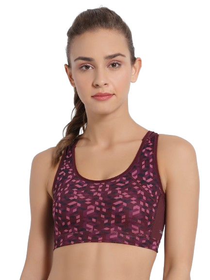 Jockey Women's Wirefree Padded Polyester Elastane Stretch Printed Full Coverage Racer Back Styling Sports Bra with Stay Dry Treatment - Wine Assorted