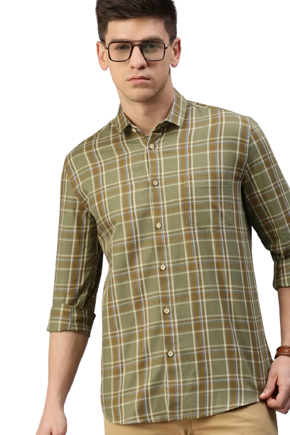 Classic Polo Men's Cotton Full Sleeve Checked Slim Fit Polo Neck Green Color Woven Shirt | So1-161 B