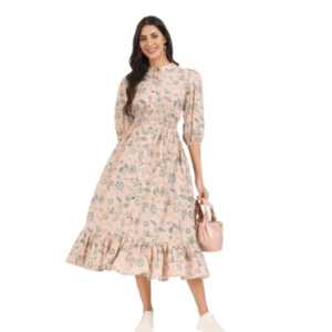 Divena Light Pink Floral Print Cotton Knee Long Dress for Women