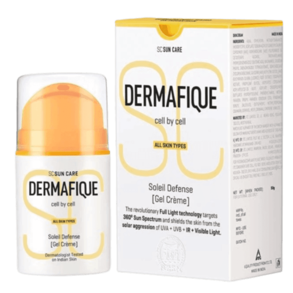 Dermafique Soleil Defense Gel Cream SPF 30 Sunscreen, for All Skin Types, Prevents tanning and pigmentation, Targets UVA, UVB, Infra-red and Visibile Light, , Lightweight & Non-sticky, Dermatologist T