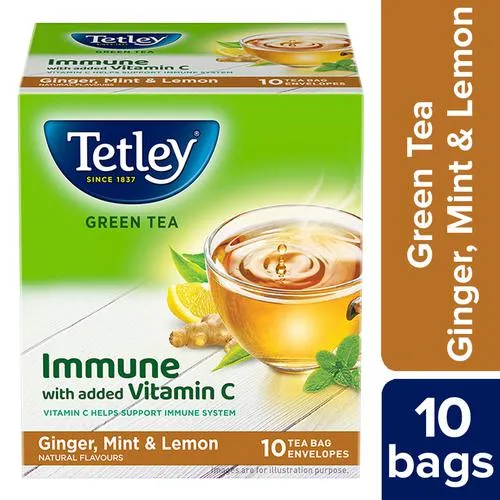 Tetley Green Tea - Ginger Mint Lemon, Rich In Antioxidants, 14 g (10 Bags x 1.4 g each)