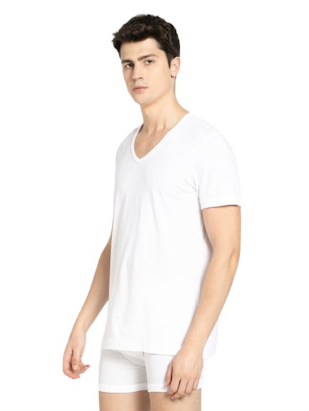 Men's Super Combed Cotton V Neck Half Sleeved Vest with Stay Fresh Properties - White.