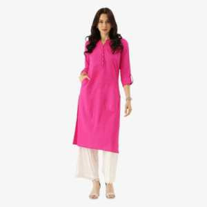 Divena Pink Solid Straight Roll up Sleeve Kurti