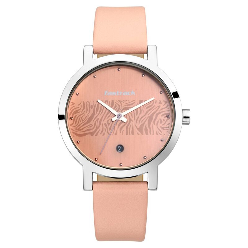 Fastrack Animal Print Quartz Analog with Date Rose Gold Dial Leather Strap Watch for Girls