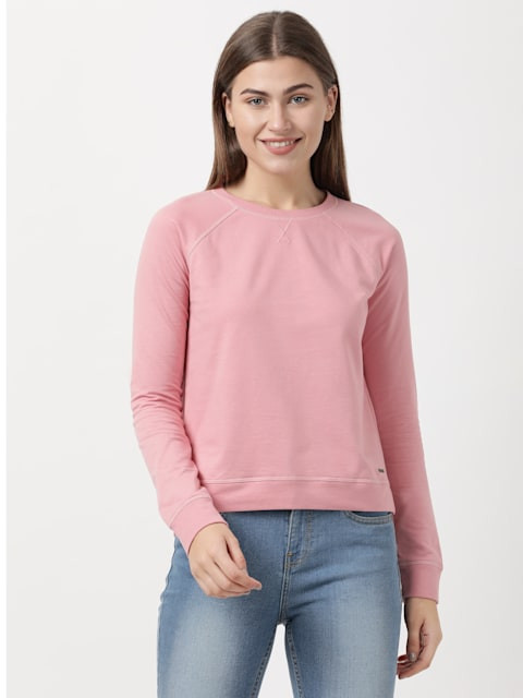 Women's Super Combed Cotton Rich French Terry Fabric Solid Sweatshirt with  Raglan Sleeve Styling - Blush