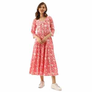 Divena Pink Floral Printed Cotton Ethnic Dress for Women