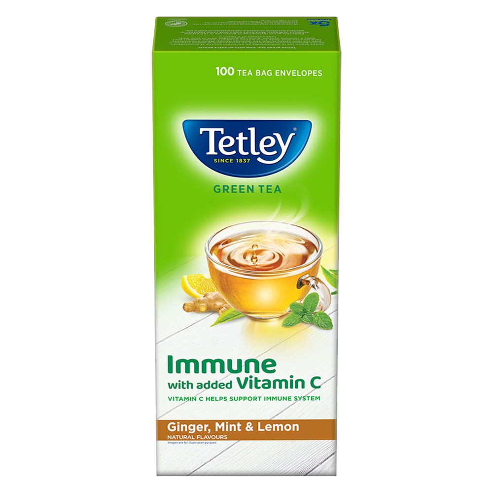 Tetley Green Tea Immune, With Added Vitamin C, Ginger, Mint & Lemon, 100 Tea Bags,