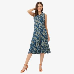 Divena Blue Floral Printed Rayon A-Line Midi Dress with Attached Sleeves for Women